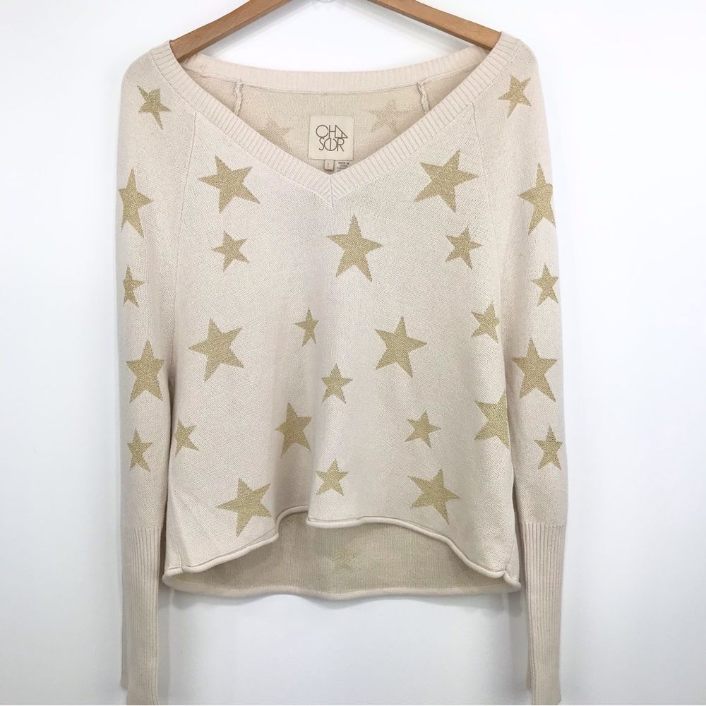 Chaser Cream V Neck Cropped Sweater with Gold Stars